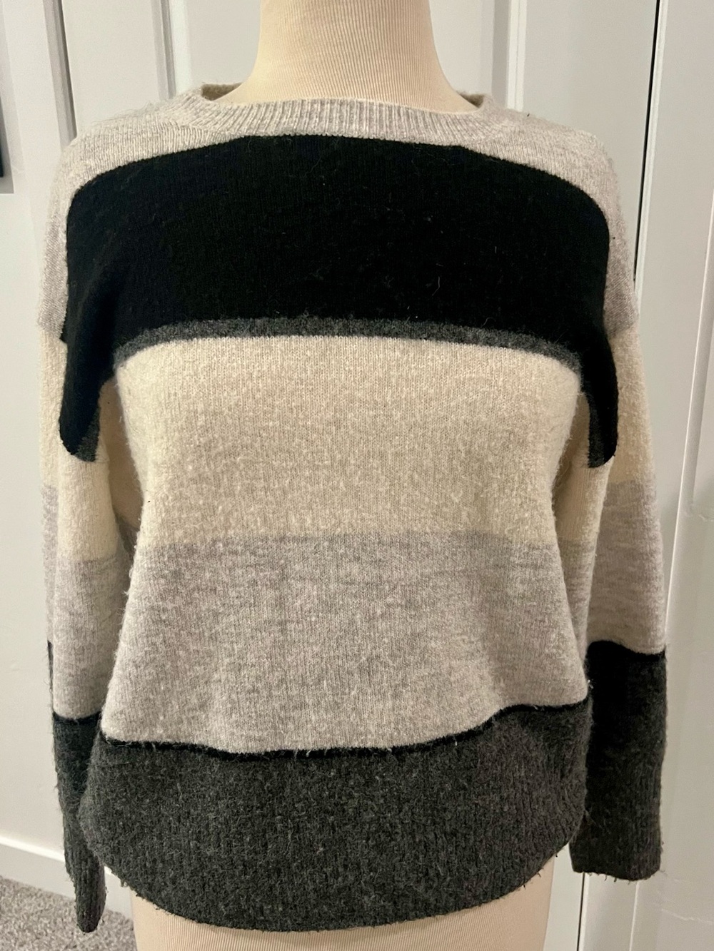 H&M Striped Crewneck Sweater in Black, Cream & Gray